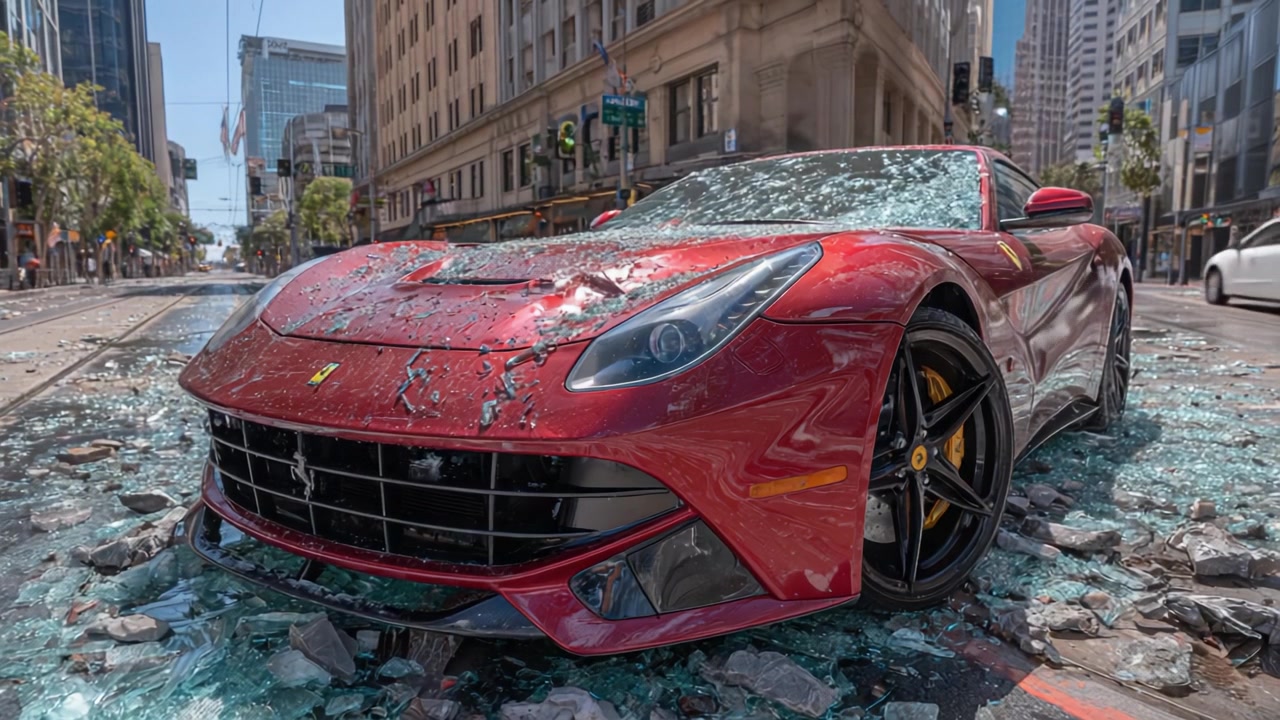 Una straordinaria supercar rossa tra vetri in frantumi e rovine urbane, che mette in mostra la precisione ingegneristica in un ambiente urbano spettacolare con superfici riflettenti
