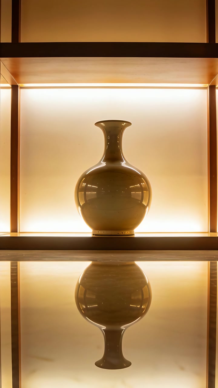 Vertical video: Filming camera documenting tiny shifts on shelf, backlit vase reflecting