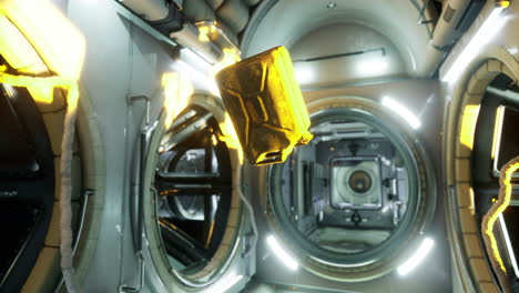 floating gold cube in a futuristic space station interior