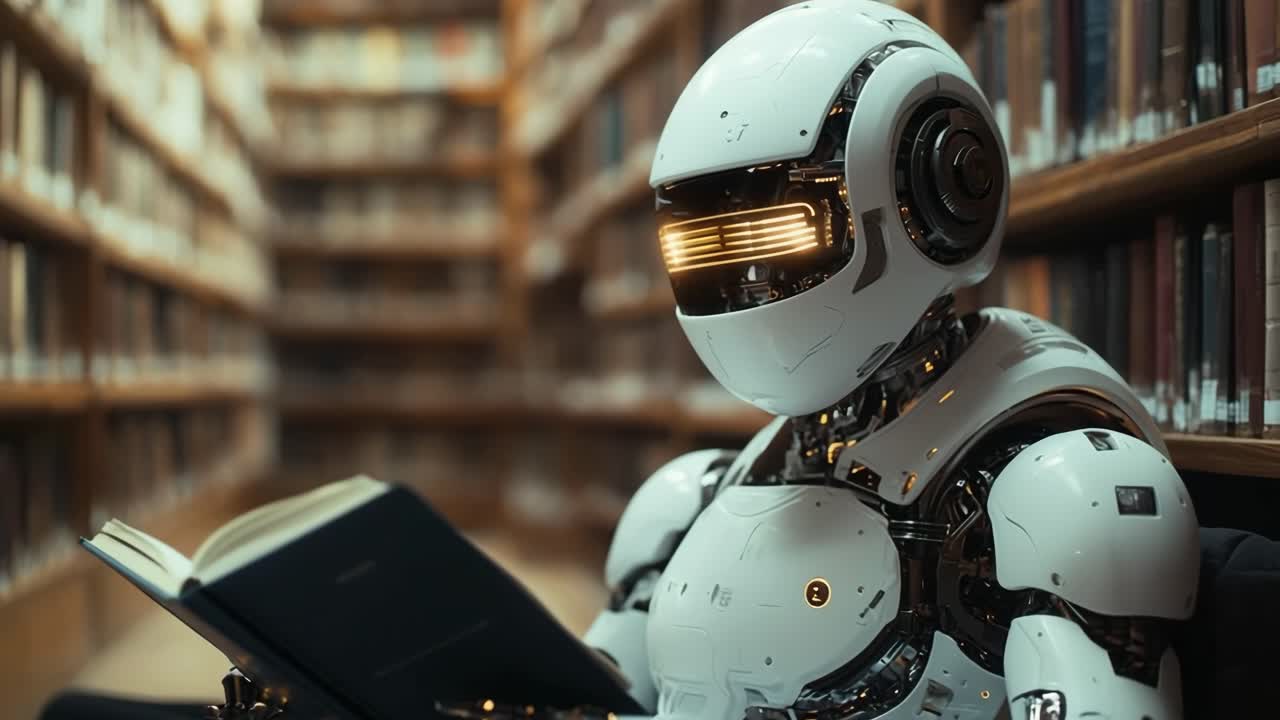 Robot studies book in library setting. A humanoid robot sits reading a book among shelves filled with books in a modern library.