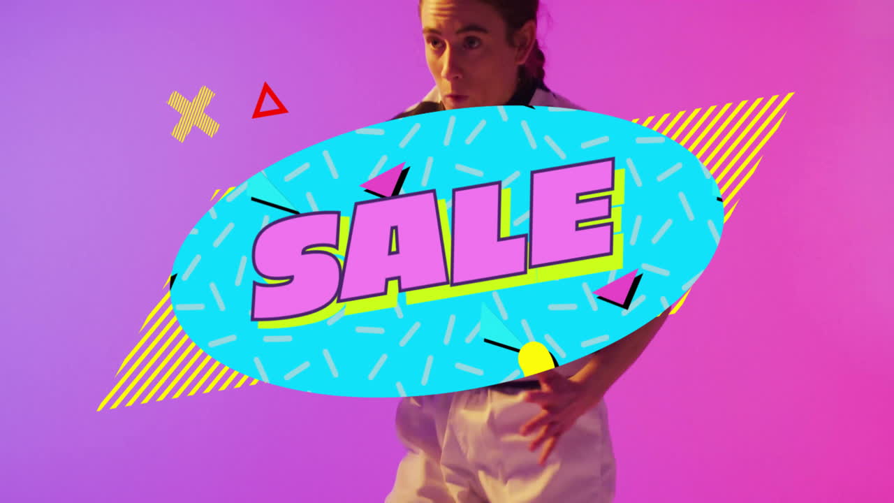 woman peeking behind sale banner in marketing studio, featuring animated geometric overlays