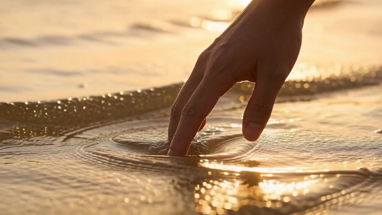 Reaching adult hand touching and dragging shallow shore water, making ripples on wet sand, sunlight