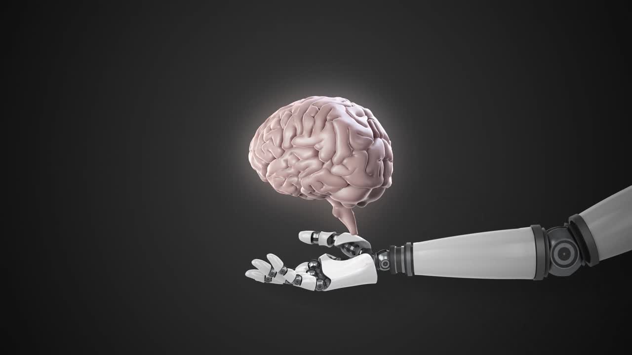 Robotic hand presenting digital human brain against black background
