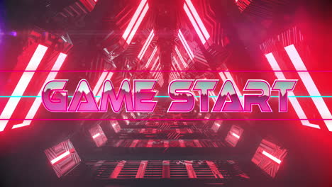 animación del efecto glitch sobre el texto de inicio del juego contra el túnel rojo de neón en un patrón sin costuras.