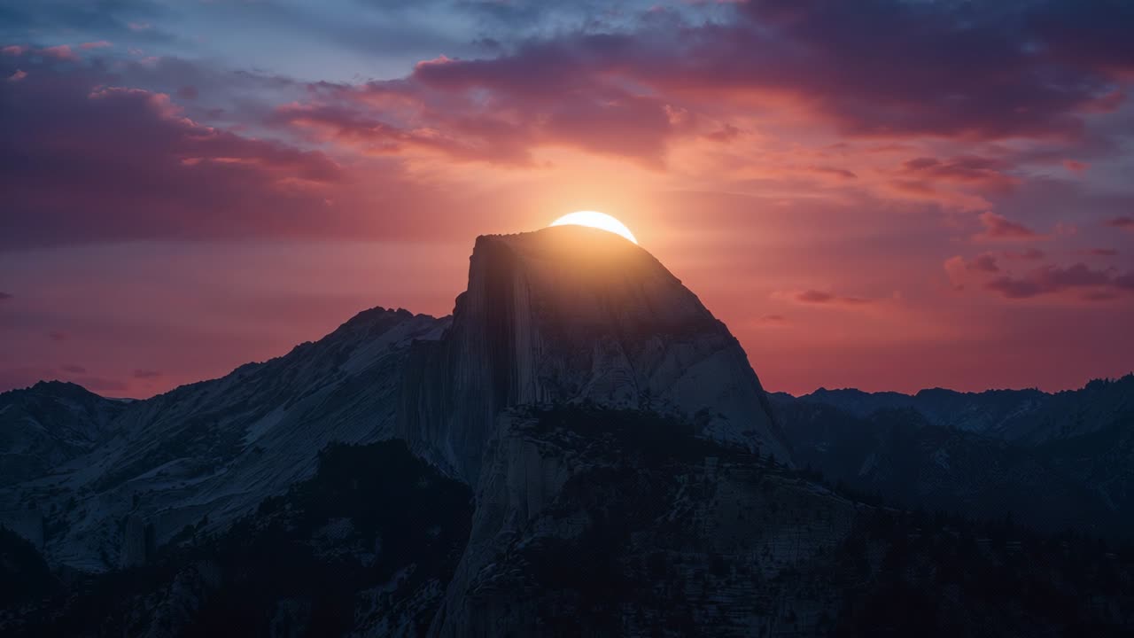Sole crescente che sorge sopra una cupola di granito in una valle montana, proiettando una calda luce dorata sulle nuvole