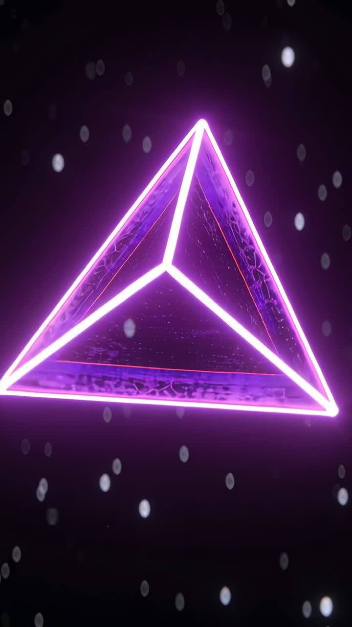 Vertical video: Rotating 3D triangle tilting in dark void, looping, neon seams lit, bokeh drifting
