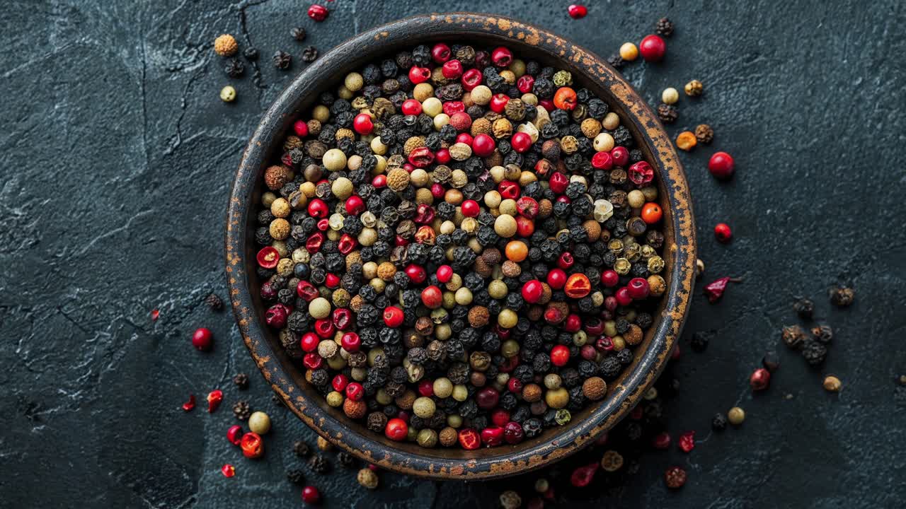 vista superior de granos de pimienta mezclados en un cuenco sobre un fondo oscuro