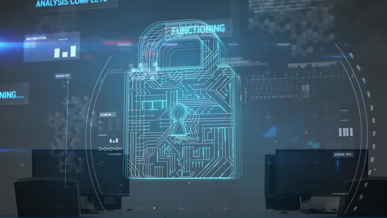 animación de un candado digital con circuito integrado en las computadoras de la oficina