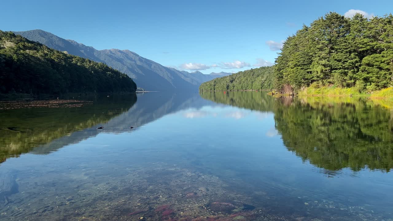 mañana tranquila en el lago monowai, southland, nueva zelanda