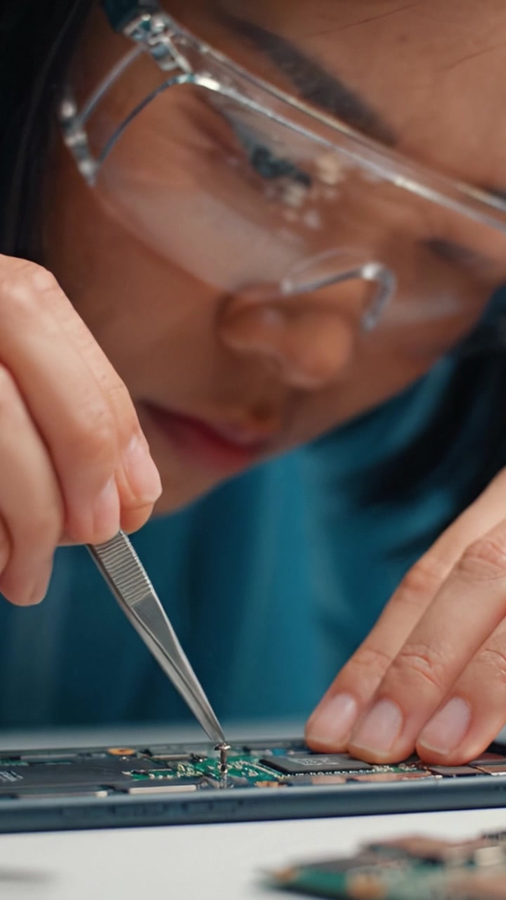 Focused Individual Performing Detailed Electronics Repair Work with Precision Tools and Safety Gear, Demonstrating Skills in Circuit Board Manipulation and Component Handling