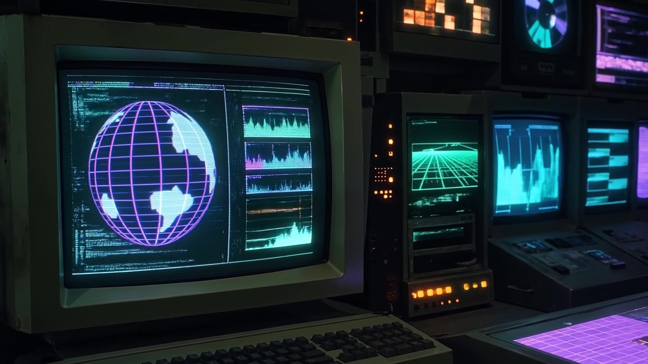 Monitor di computer in stile retrò che mostrano dati digitali e immagini planetarie in una sala di controllo buia.