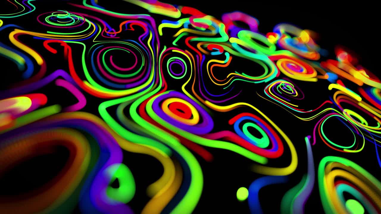 el flujo de partículas forma líneas rizadas como rastros de brillo de diferentes colores, las líneas forman un patrón giratorio como ruido de rizado. abstracto 3d bucle de flujo de animación como fondo festivo creativo brillante