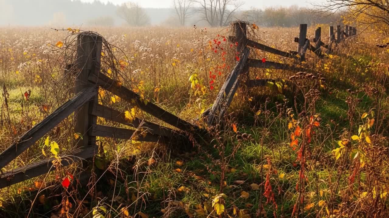 Fængslende efterårslandskab med et vejrbidt træhegn omgivet af frodig vegetation og tåget morgenlys i fredfyldte naturomgivelser