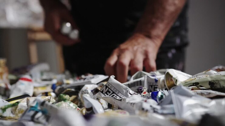 Artist sifting through paints on table