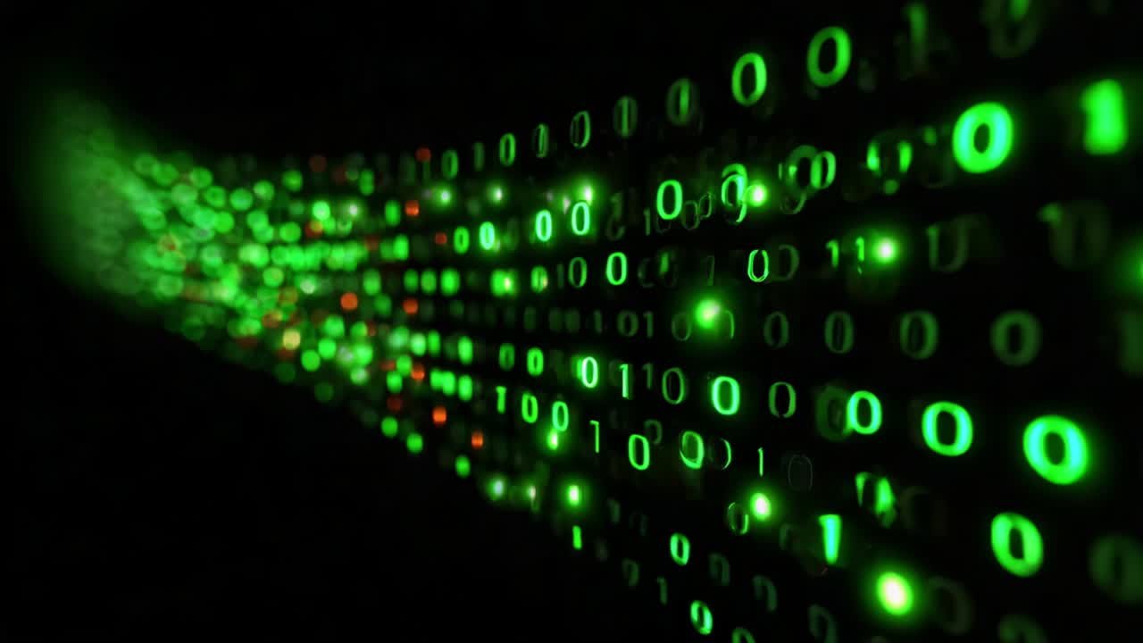 This captivating sequence showcases green binary code flowing across the screen, creating an immersive visual of digital data transmission, highlighting the intricate patterns formed by ones and zeros in a dark environment