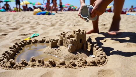child building a sandcastle on the beach