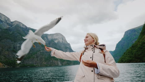 Eine-Frau-Füttert-Möwen-Eine-Kreuzfahrt-Auf-Den-Fjorden-In-Norwegen-Beliebte-Unterhaltung-Für-Touristen-4k-Vide