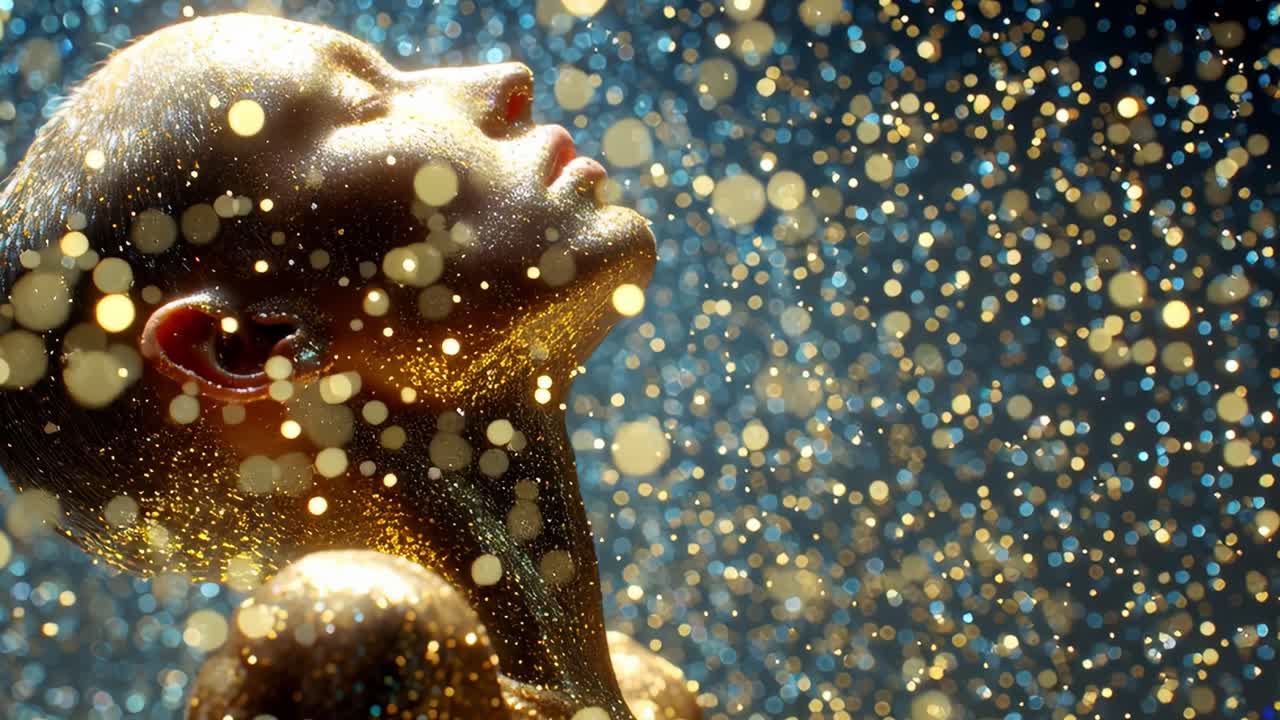 Una sequenza ipnotica che mostra una figura luminosa immersa in una cascata di particelle scintillanti, che emana un'aura eterea mentre è immersa nella luce luccicante, irradiando bellezza e fascino sullo sfondo incantevole.