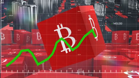 gráfico verde moviéndose sobre el símbolo de bitcoin en cubos contra las conexiones de circuito.