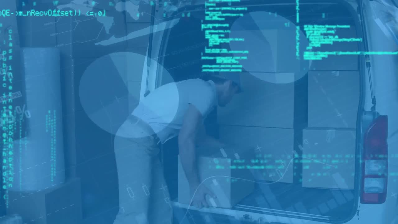 Statistical data processing against caucasian delivery man stacking delivery boxes in his van