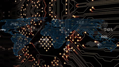 animación de procesamiento de datos con mapa del mundo sobre placa de circuitos de computadora en fondo negro