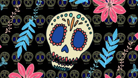 animation of decorative skulls and flowers on black background