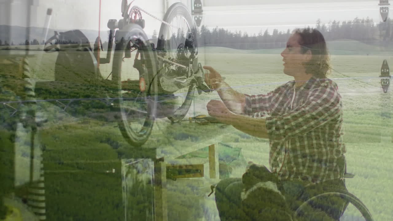 Repairing bicycle, man working in scenic countryside with green fields and animation