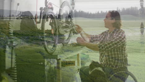 repairing bicycle, man working in scenic countryside with green fields and animation