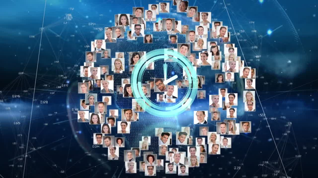 사용자의 사진으로 만들어진 회전하는 지구상에서 움직이는 시계의 애니메이션