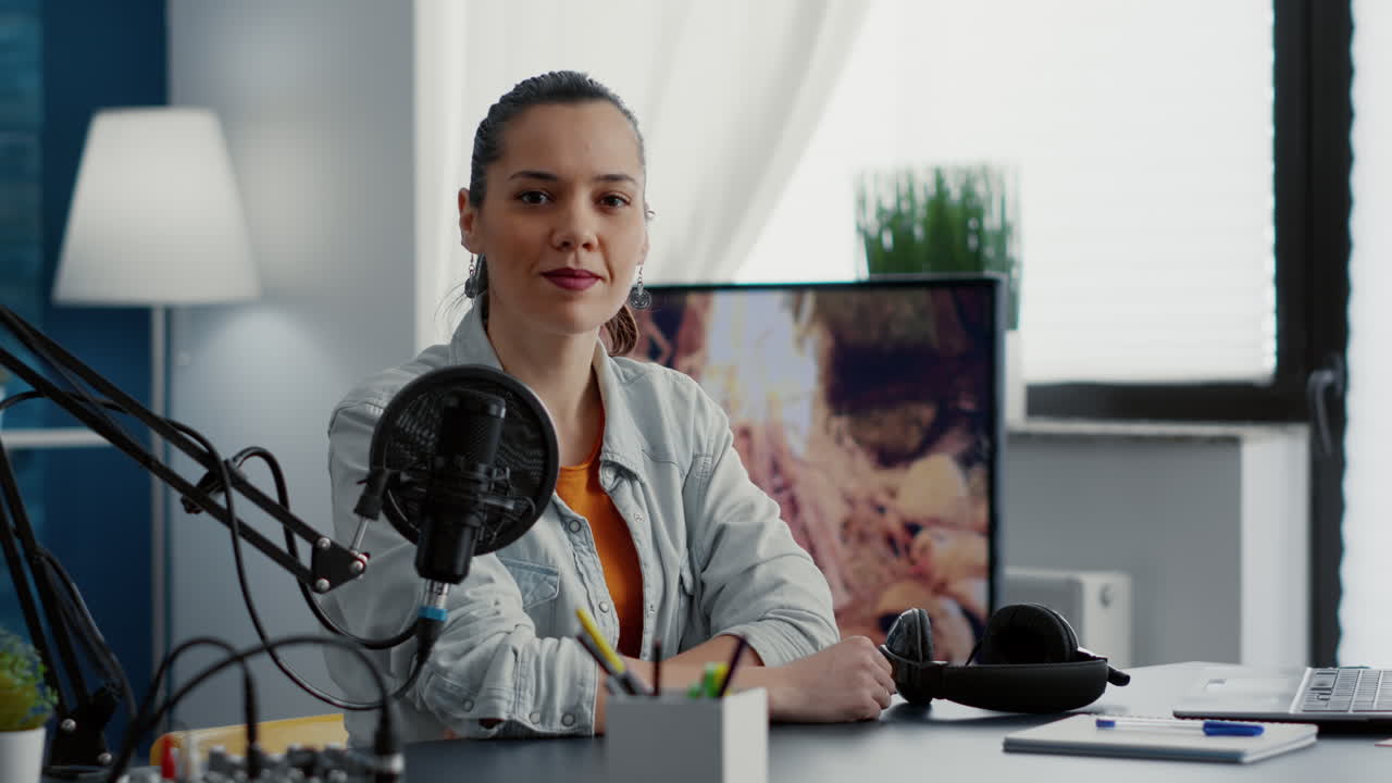 Young woman sitting at podcast desk with microphone and laptop