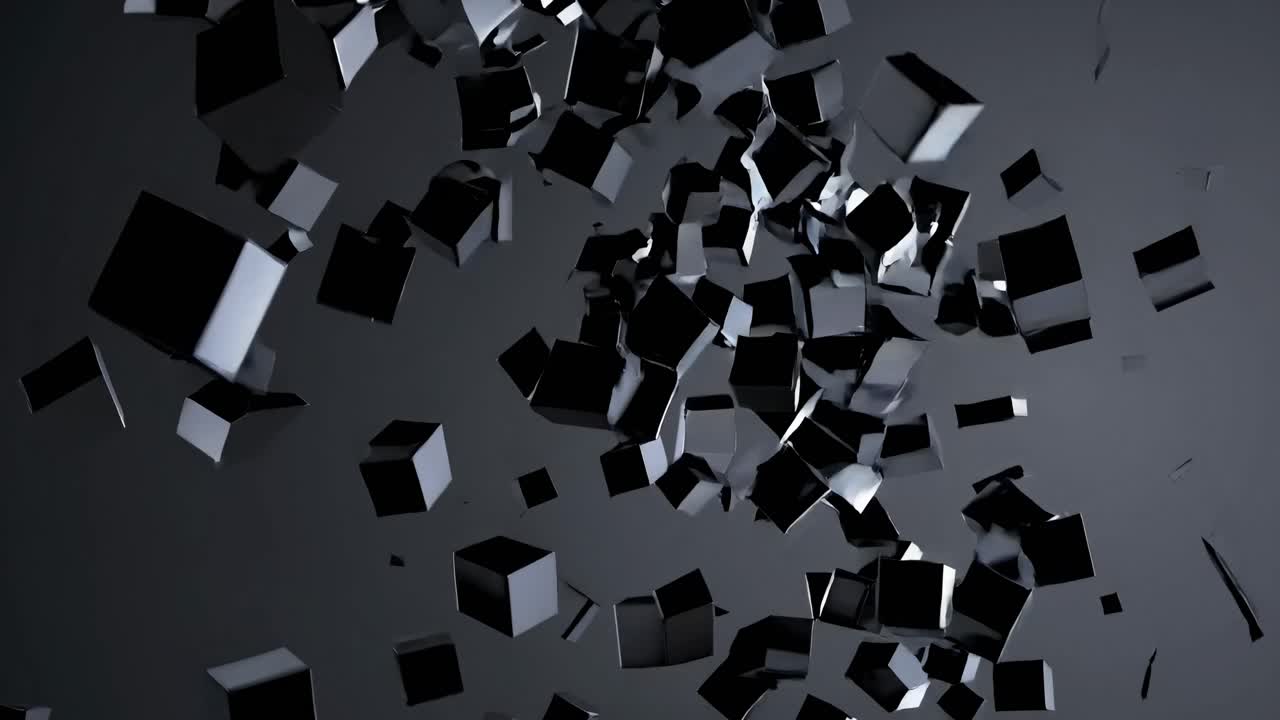 Video dinamico di cubi neri che fluttuano a mezz'aria, ripreso da una angolazione bassa, creando una sensazione