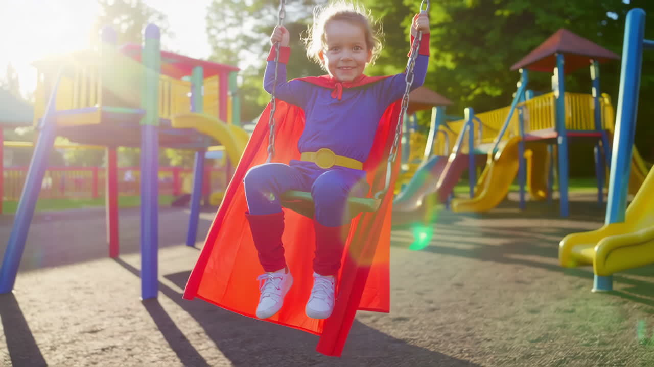 Little Superhero on a Swing at the Playground