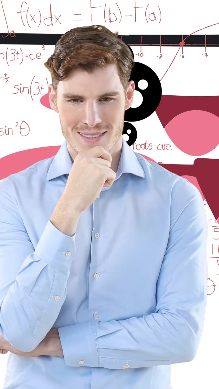 Animazione di uomo d'affari caucasico che pensa su sfondo bianco con graffiti e simboli matematici