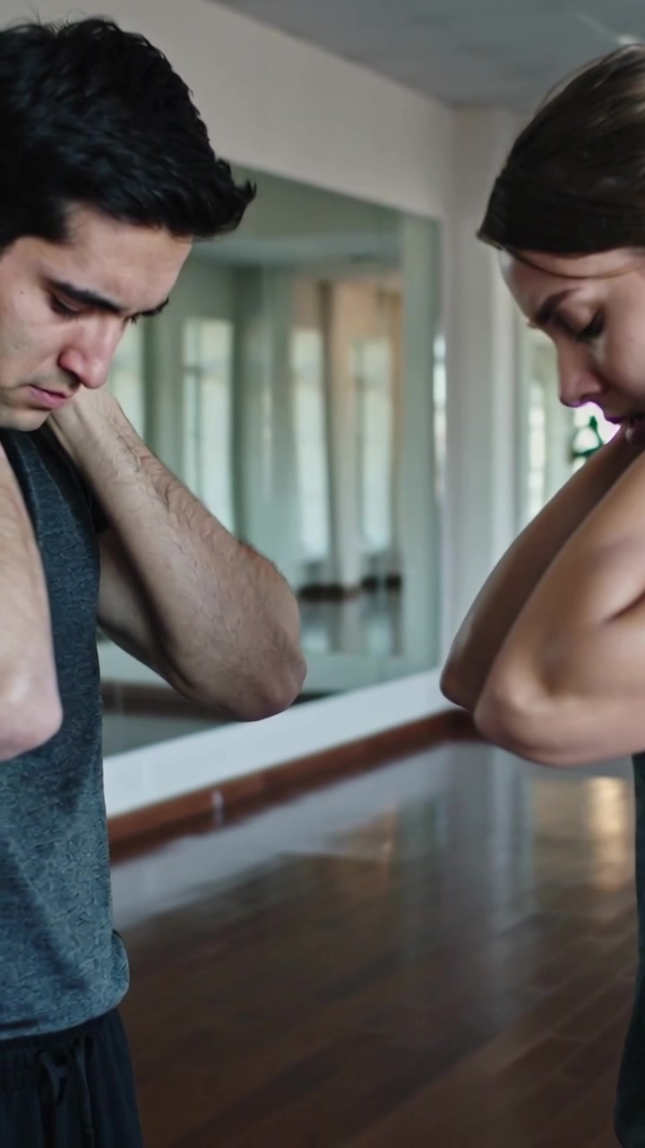 Video verticale: Coppia in top sportivi si controlla la forma fisica con le mani dietro la nuca in uno studio a specchio.