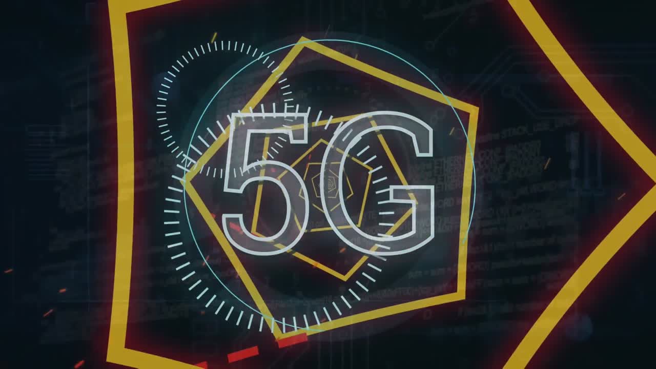 5g 텍스트의 애니메이션, 육각형 육각형 터널, 원형 움직임으로 움직이는 선 및 컴퓨터 언어