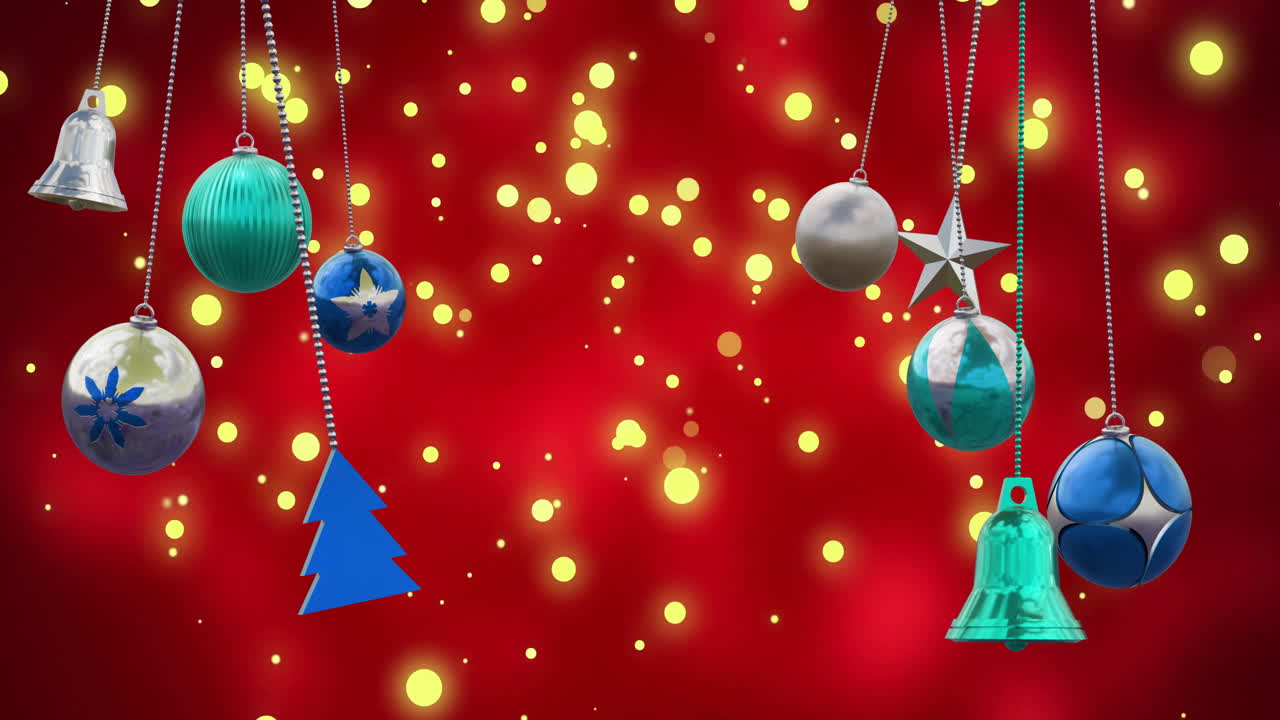 Animation of christmas baubles over light spots on red background