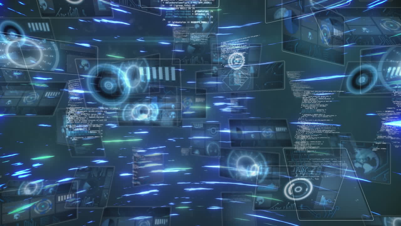 Animation of data processing with digital interfaces on black background