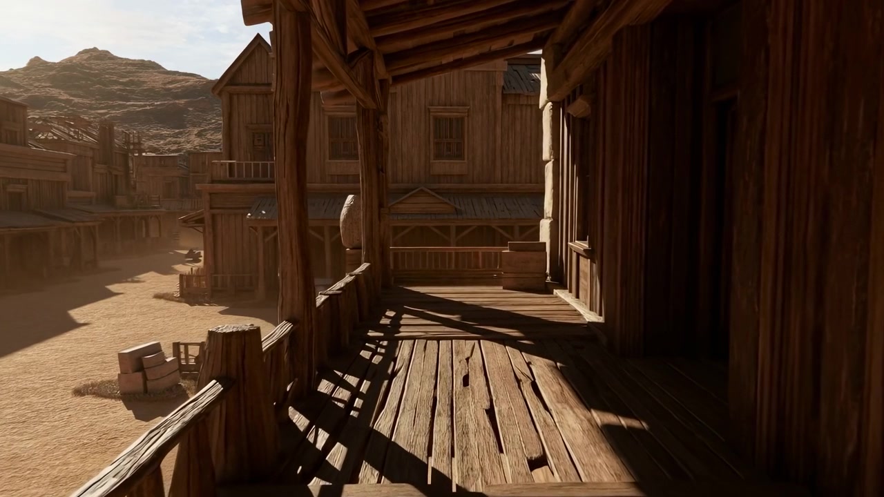 Una struttura in legno neutra in un paesaggio desertico, con travi e terreno visibili da una prospettiva interna. Il design architettonico pulito mette in risalto la luce naturale e i toni del marrone.