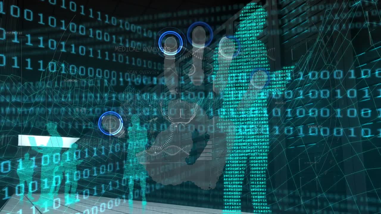 바이너리 코드, 손 및 디지털 인간 모델의 애니메이션