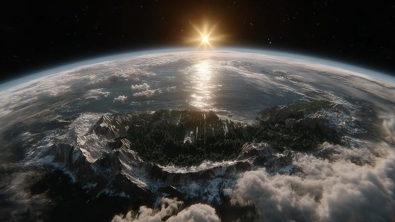 A Stunning Celestial View of Earth from Space Capturing Sunrise Over Majestic Mountains and Lush Forests with Clouds Enhancing the Beauty of Our Planet