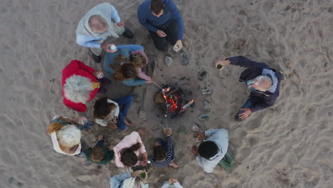 drone shot of multi-generation family toasting marshmallows around fire on winter beach vacation