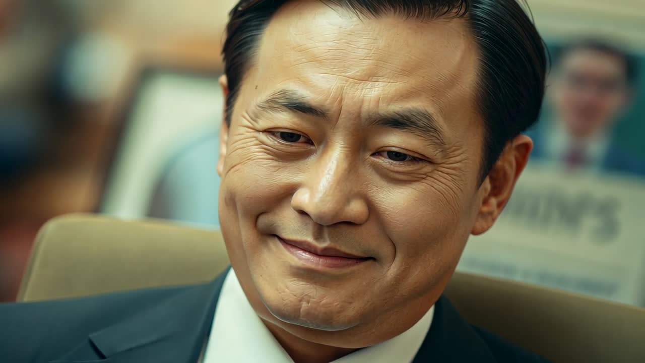 Reacting to offscreen cue, Asian executive widening smile, leaning forward in office chair, suit
