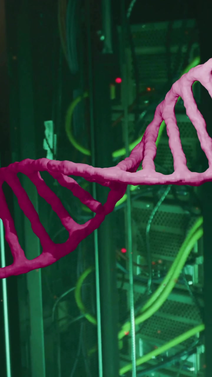 Animation of pink dna strand moving over dark computer servers