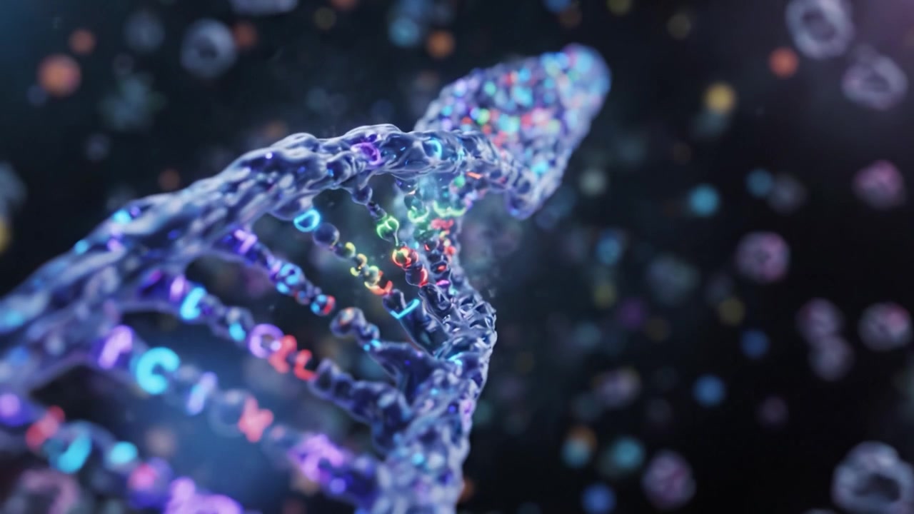 Molekyylibiologian monimutkaisuuden tutkiminen: Lähikuva eloisan värisestä DNA-kaksoiskierteestä mikroskooppisten hiukkasten ympäröimänä pimeässä ilmapiirissä.