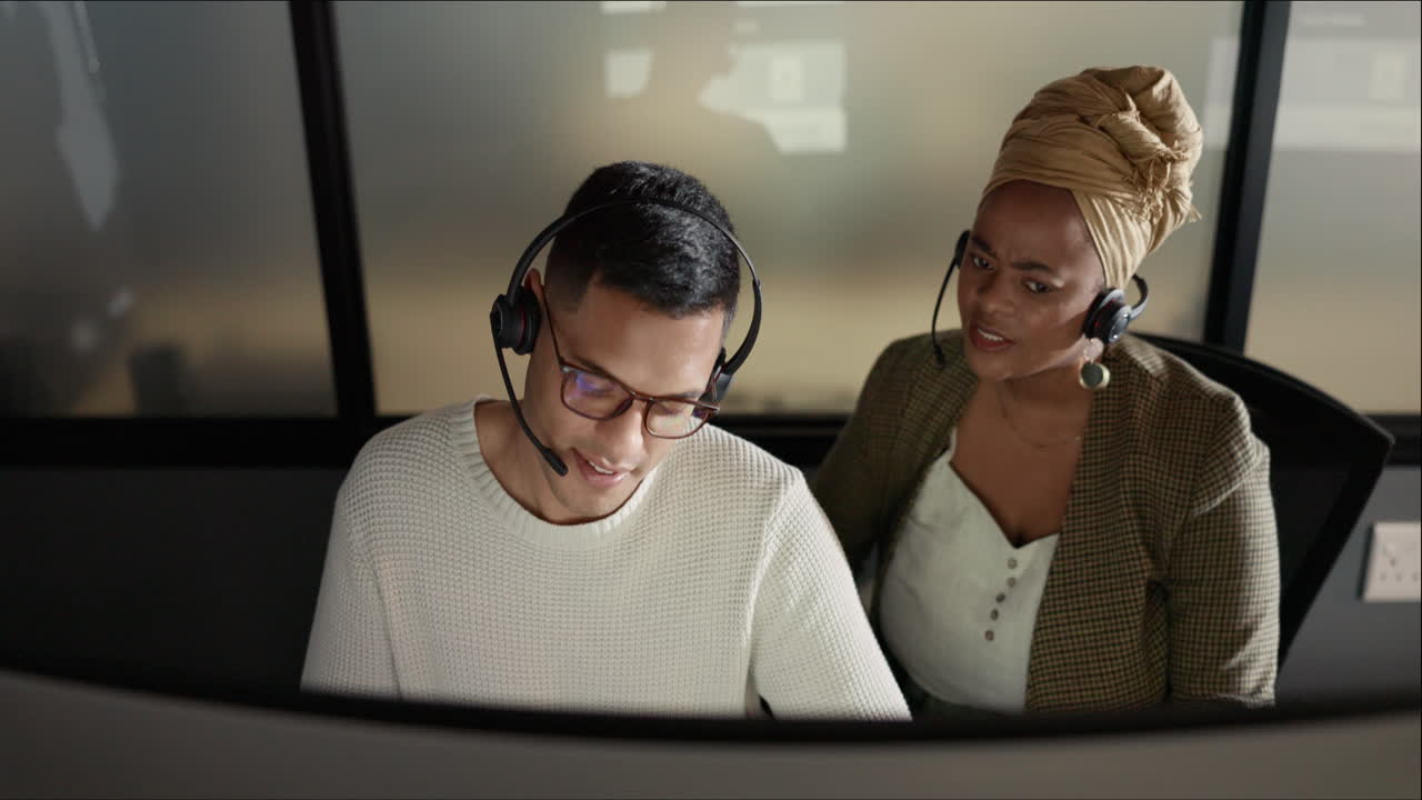 Call center, training and man coaching black woman