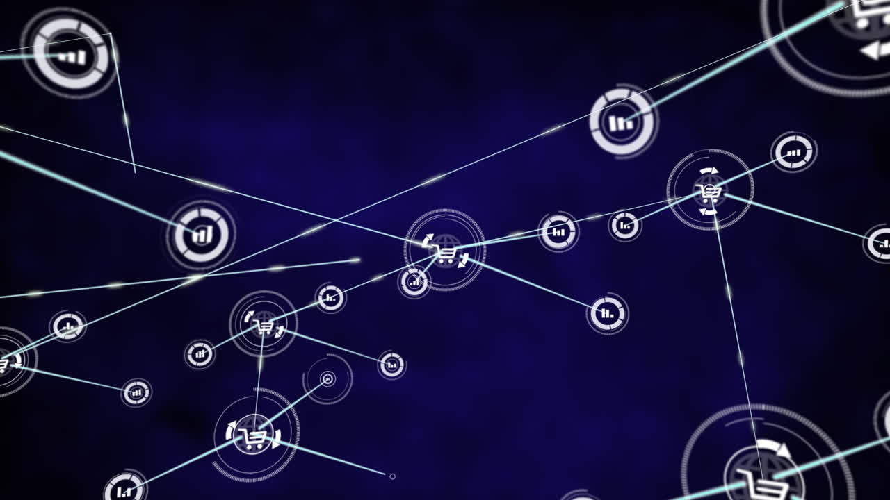 animación de gráficos y iconos de carros de compras conectados con líneas contra un fondo azul.