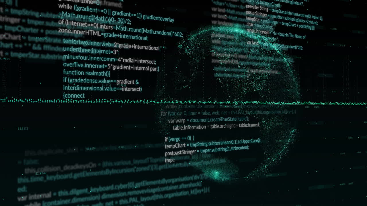 Animation of data processing and diagrams over globe on black background