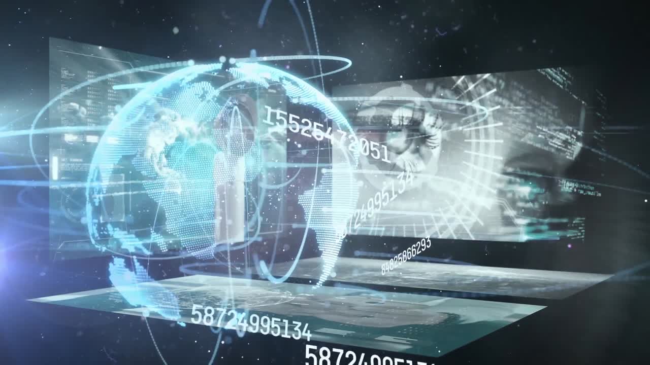 화면을 통해 연결 네트워크와 데이터 처리를 가진 지구의 애니메이션