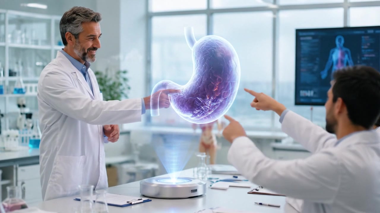 Medical researcher presenting glowing cellular visualization to colleagues in laboratory