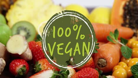animación de texto vegano sobre frutas y verduras frescas